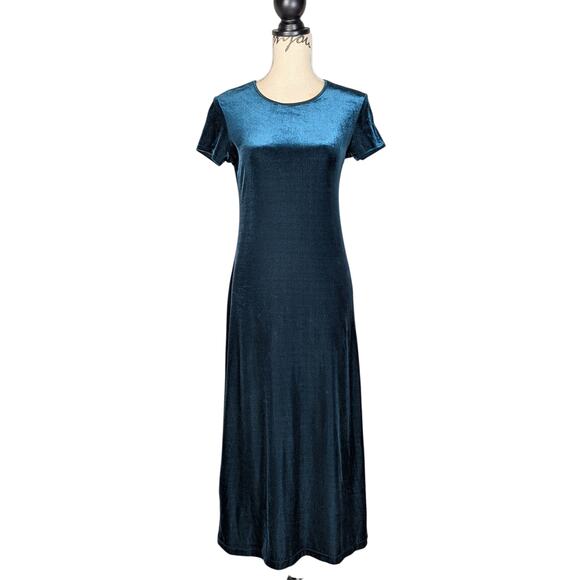 Vintage Y2K Velvet Short Sleeve Maxi Dress Dark Green Size Medium - Picture 1 of 13